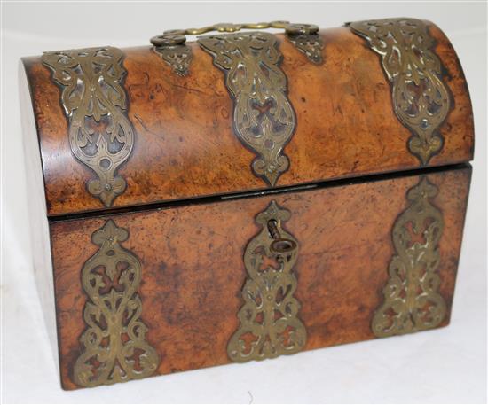 A Victorian brass mounted burr wood tea caddy, 9in.